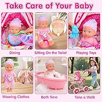 Vista 5 de Juego de cochecito de muñeca de bebé para niñas pequeñas de 3-5, 4, 6, 5-7, juego de muñecas con muñeca de 11 pulgadas, bañera y 20 accesorios