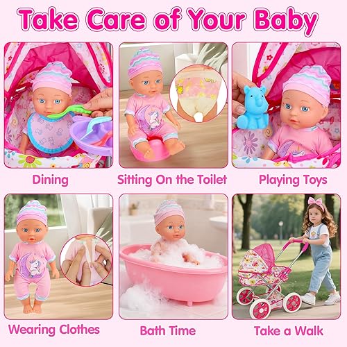 Miniatura 5 de Juego de cochecito de muñeca de bebé para niñas pequeñas de 3-5, 4, 6, 5-7, juego de muñecas con muñeca de 11 pulgadas, bañera y 20 accesorios para