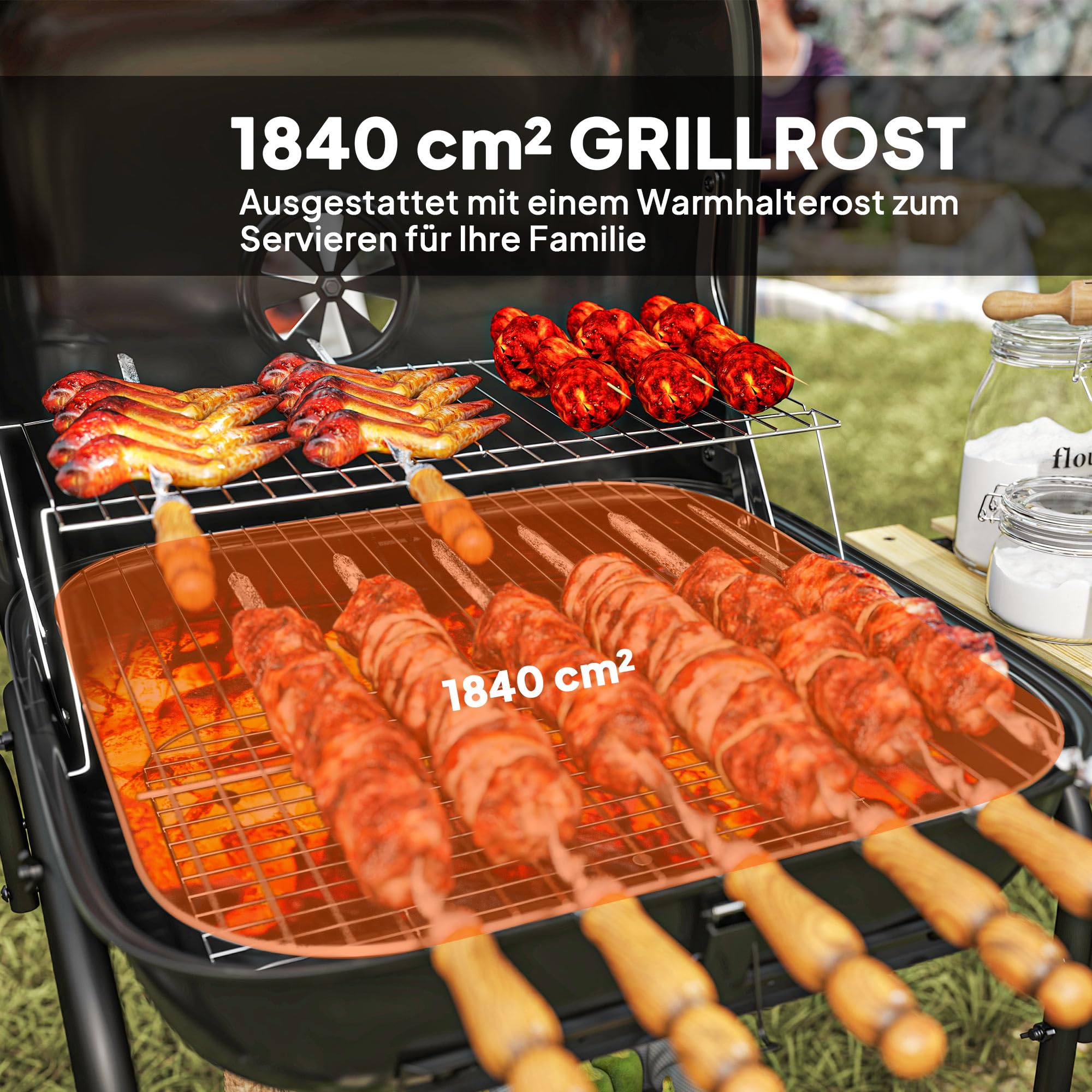 Outsunny Grill węglowy ze stali, przenośny grill z zamykaną pokrywą, rusztem, kółkami i drewnianymi półkami, grill ogrodowy BBQ, 98 x 54 x 91 cm, czarny