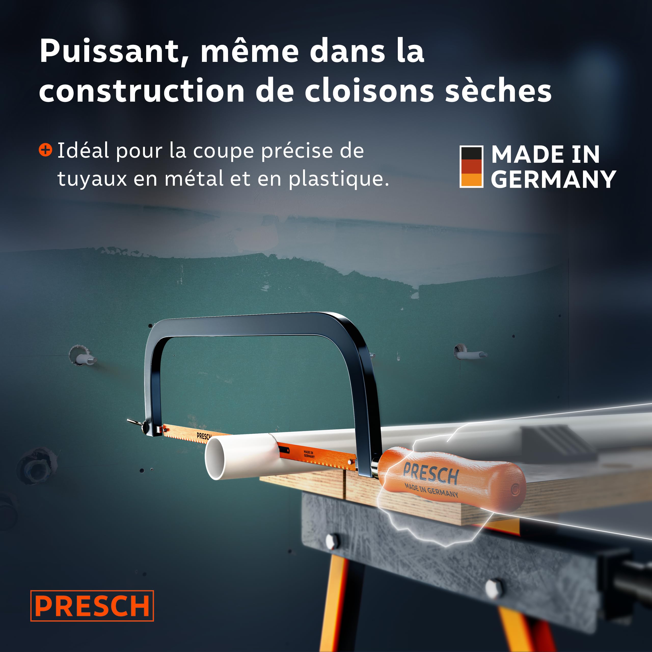 Presch Scie à métaux 300mm - Avec lame de scie BI-métal pour une coupe précise - Rotation de 90° de la lame pour des coupes horizontales & verticales - Changement rapide des lames