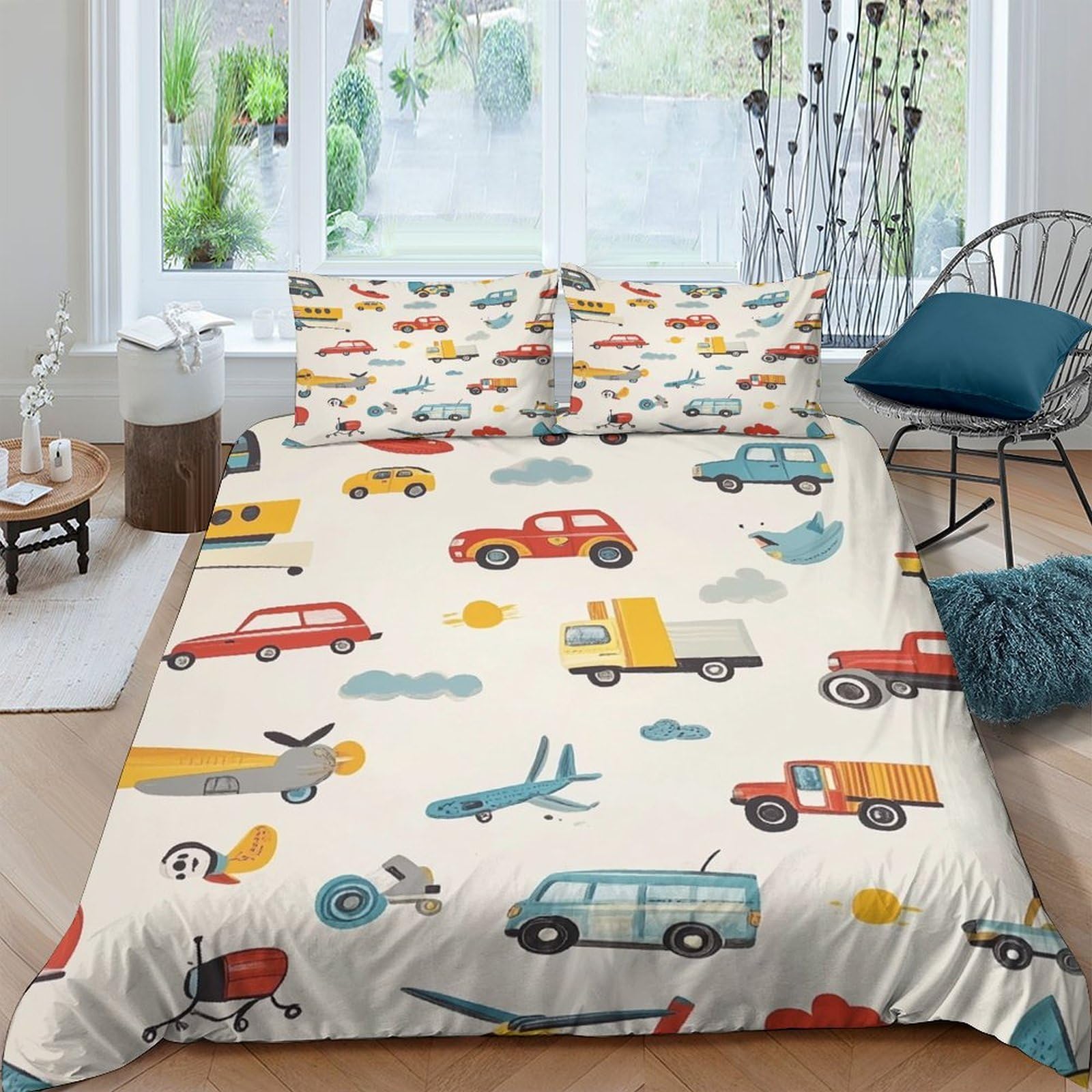 GPLZQXKJNH 3D Printed Cartoon Vehicle Duvet Cover Microfiber Soft Breathable Traffic Pattern Bedding Set with 2 Pillowcases for Bedroom Decor Single（135x200cm）