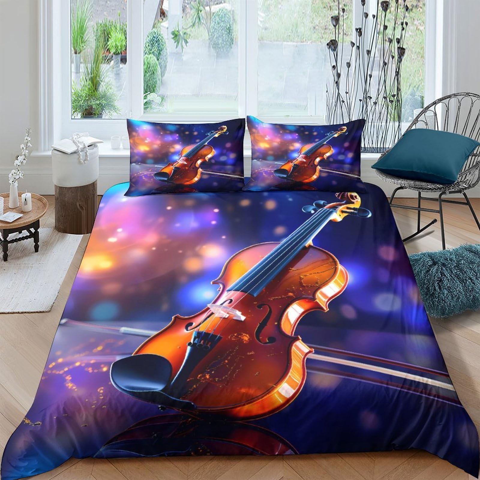 Ctjqhvkz Style-7 3D Printed Violin Music Fitted Sheet Microfiber Soft Bed Cover Artistic Bedroom Decor For Home Dorm Mattress Protection Single（135X200cm）