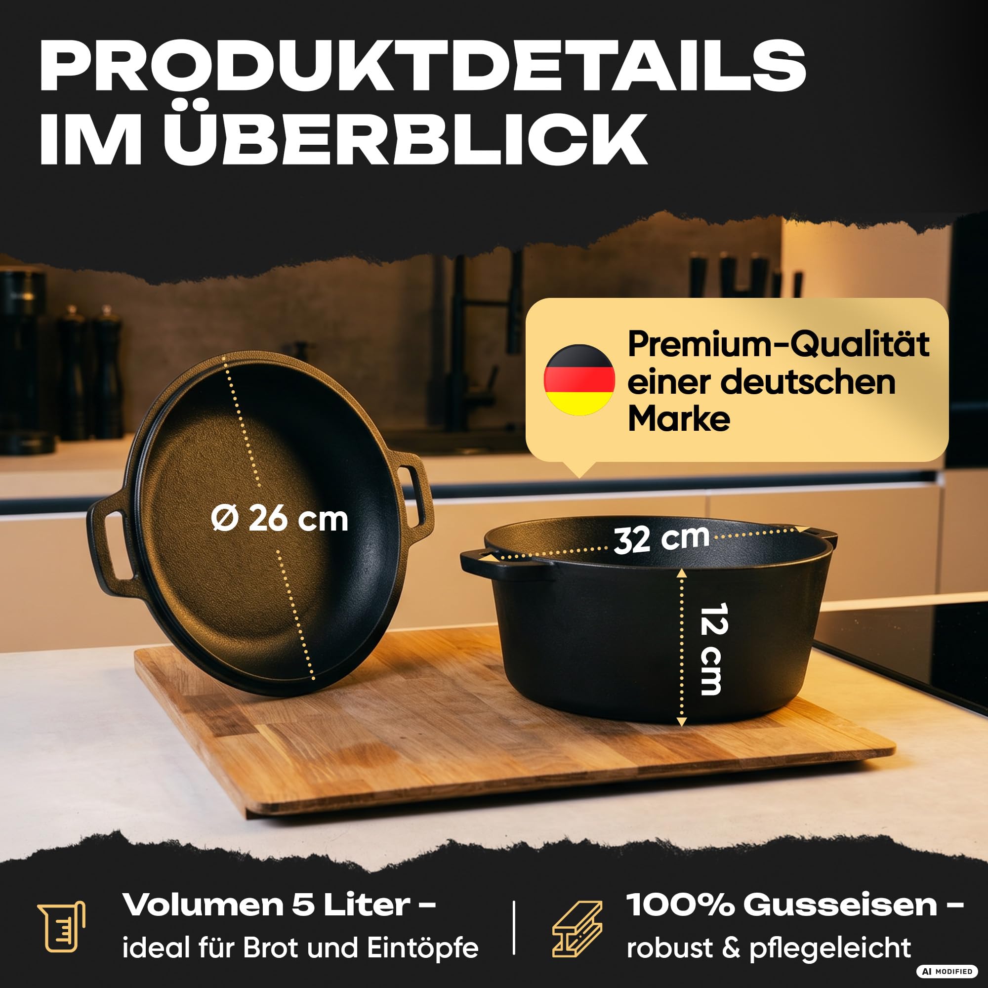 Delicret Gusseisen Topf Brot Backen Ø26 cm mit Deckel für alle Herdarten