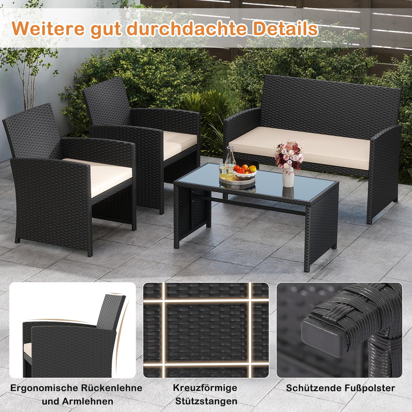 SOARS Gartenmöbel Set aus Polyrattan, Balkonmöbel mit 2 Sesseln, Zweisitzer, Glas-Couchtisch & 4 Sitzkissen, Lounge Möbel Outdoor für 4 Personen für Tarrasse, Balkon & Garten (Schwarz+Beige)