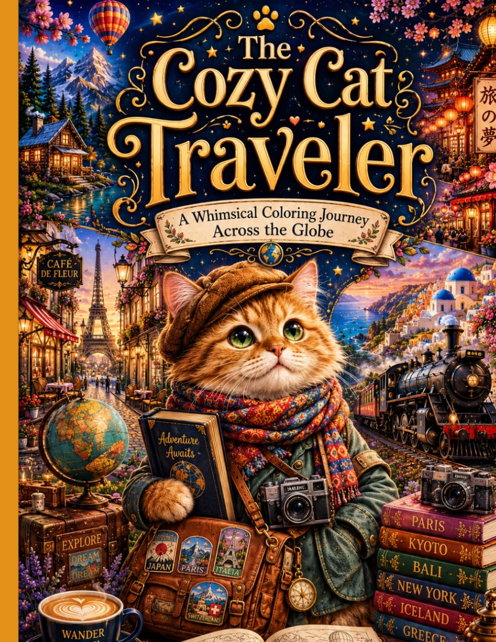 The Cozy Cat Traveler: A Whimsical Coloring Journey Across the Globe