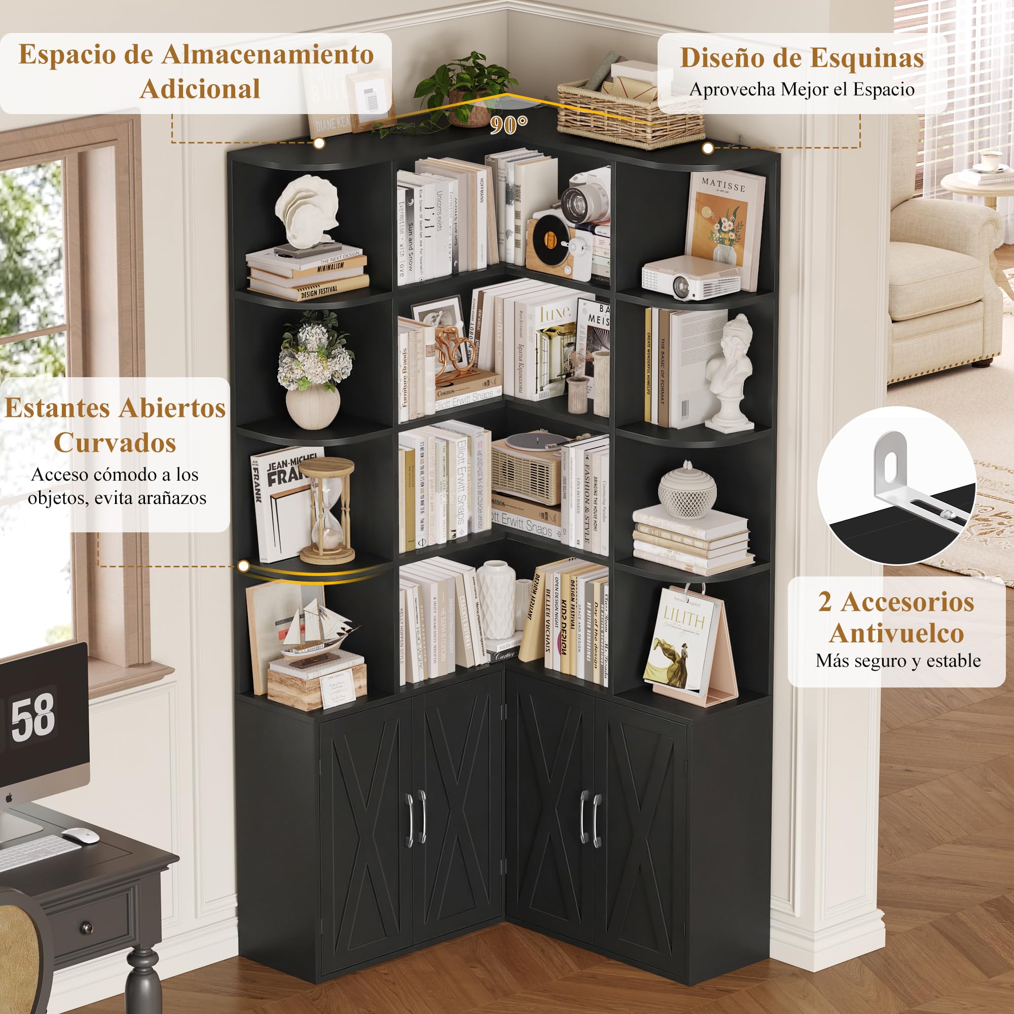 FirFurd 187cm Estantería Esquina, 4 Puertas 12 Compartimientos Negro | Estantería Libros de 5 Niveles alta Estantería Esquina, Grande Mueble Almacenaje para Salón, Oficina, Estudio 187Al.x80x80cm