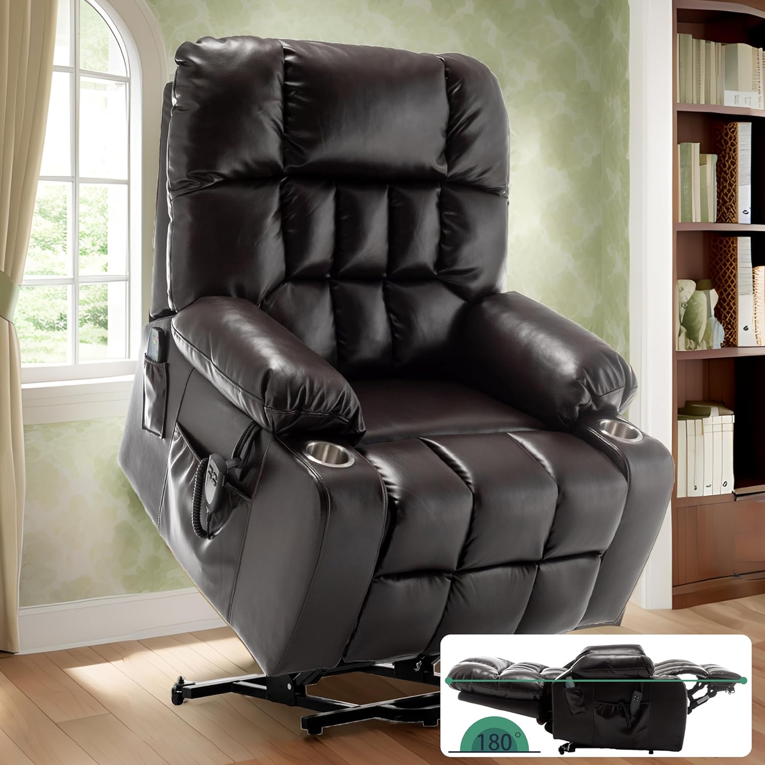 Lift Recliner for Big and Tall Seniors: 9688Plus Lay Flat, Sea Island Cotton Lift Chair with Heat and Massage, Reclining to 180, Dual OKIN Motors - Breathable Leather - Reddish Brown