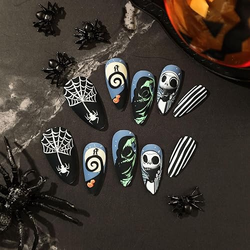 Miniatura 104 de Uñas postizas a presión de Halloween, cuadradas, medianas, francesas, color negro, degradado, cobertura completa, calavera, corazón rosa, con Uñas