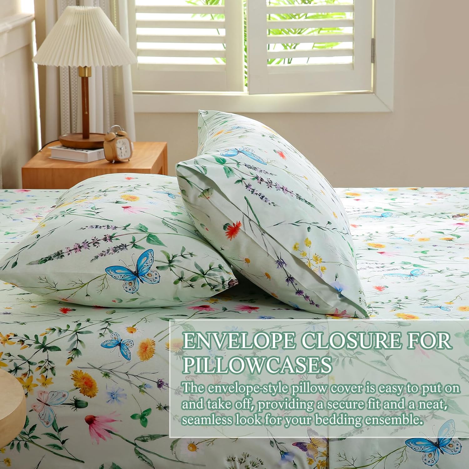 Botanical Floral Sheet Set King Size Bed Sets Spring Flower Butterfly Printed Sheets Soft Breathable Microfiber 15 inche Deep Ppckets Fitted Sheet Adults Woman Bedroom Decor