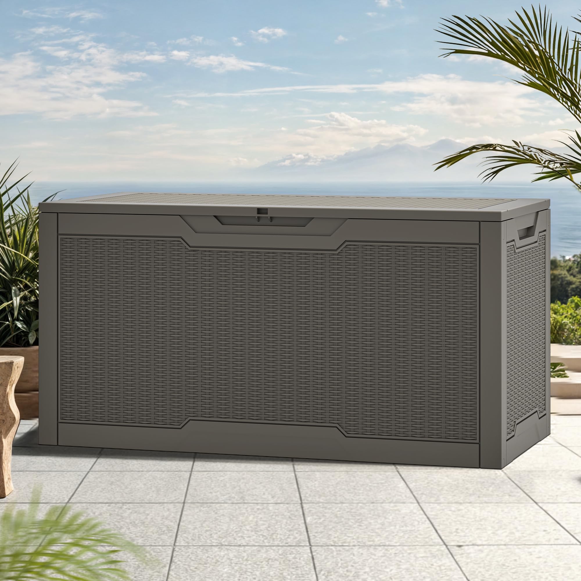 DWVO Scatola portaoggetti da giardino per esterni, 380 l, 115,4 x 55 x 58,3 cm, effetto rattan, contenitore in resina per cuscini, accessori da piscina, scarpe, impermeabile, bloccabile in modo sicuro