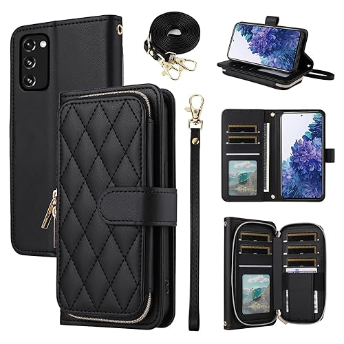Furiet Wallet Case for Samsung Galaxy S20 FE 5G 6.5 inch with Wrist Strap, 9+ Card Slots Zipper Purse, Luxury PU Leather Stand Phone Cover for S 20 EF UW S20FE5G S20FE 20S S2O Fan Edition 4G G5 Black - Black - for S20 FE (4G) / S20 FE 5G / S20 FE 2022