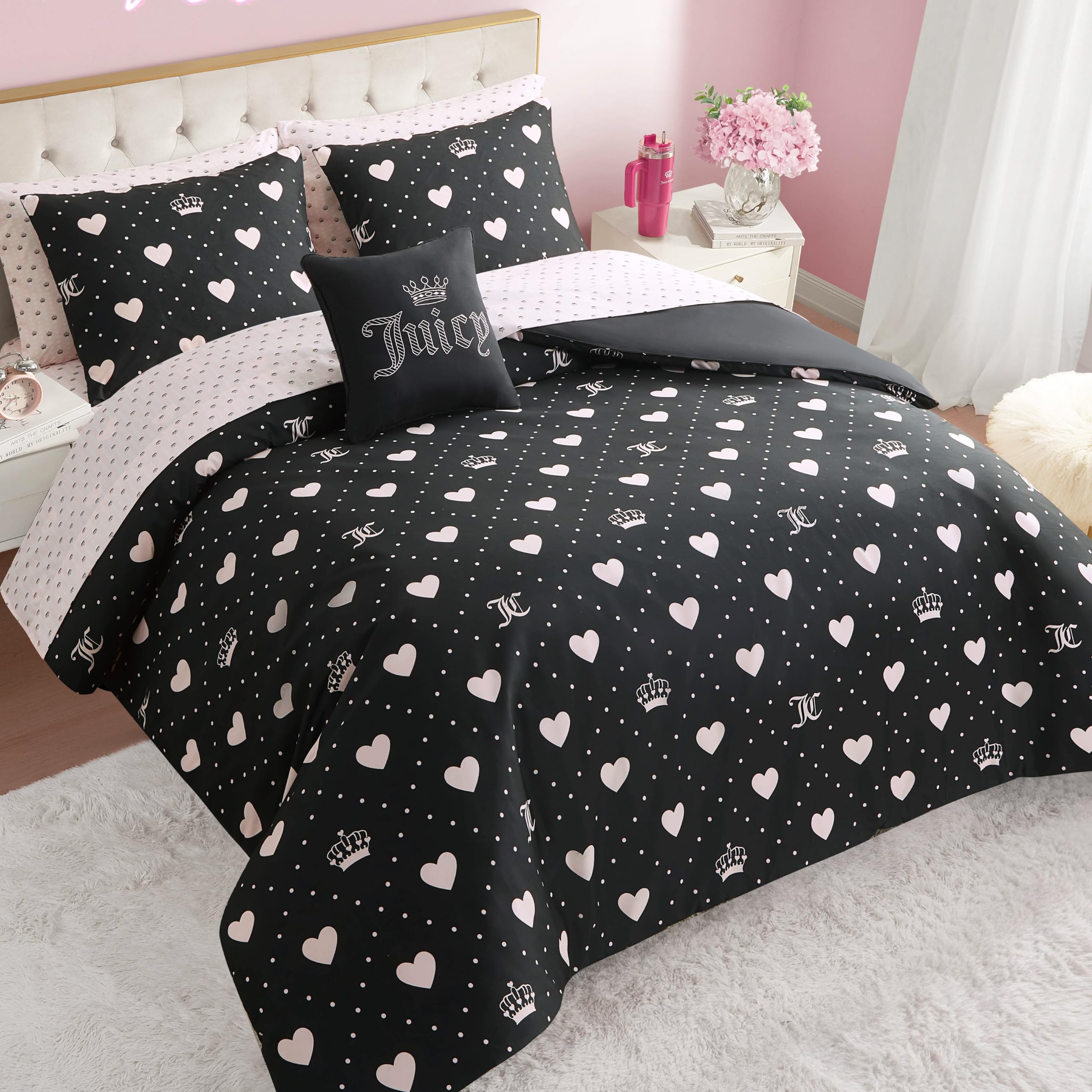 Juicy Couture Hearts Diamond Black Comforter Set 8-Piece Bed in a Bag, King Bedding Set