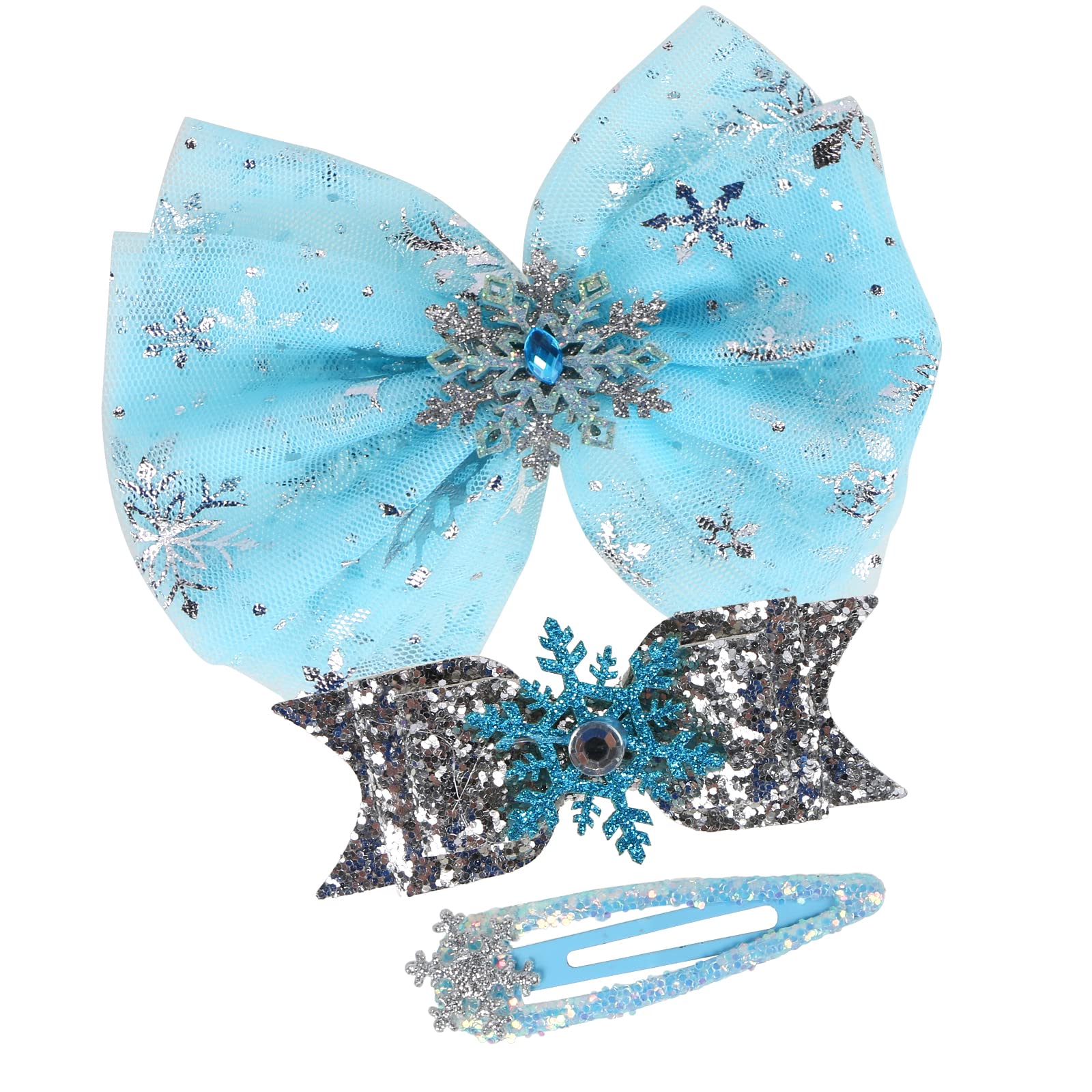 3pcs Frozen Hair Clips, Sparkling Blue Sliver Hairpins Bows Hair Accessories for Girls,Gift Party Favour Costume for Birthday Christmas New Year Frozen Party