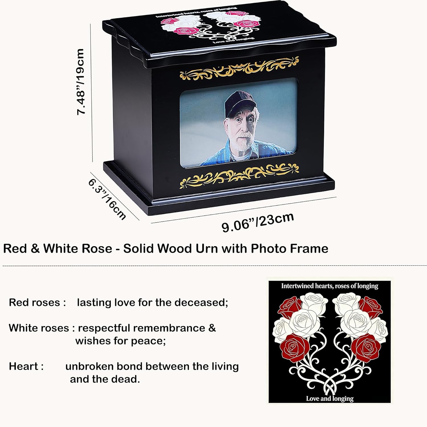 Red & White Rose Solid Wood Memorial Urn with Photo Frame Crafted Black & Gold Funeral Urn for Human Ashes & Large Pets, Fits Loved Ones Up to 260 lbs Body Weight