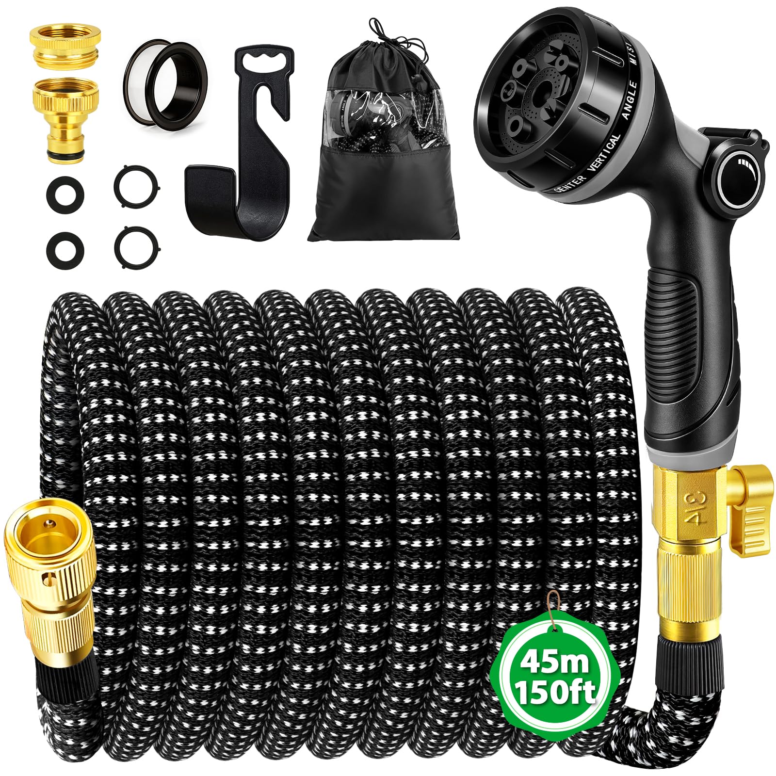 Expandable Garden Hose Pipe 150FT, Flexible Expanding Magic Hose with 10 Functions Spray Nozzle, Durable 3750D & Upgraded Latex Core Water Hose with 2 Fittings for Yard Lawn Gardening and Car Washing