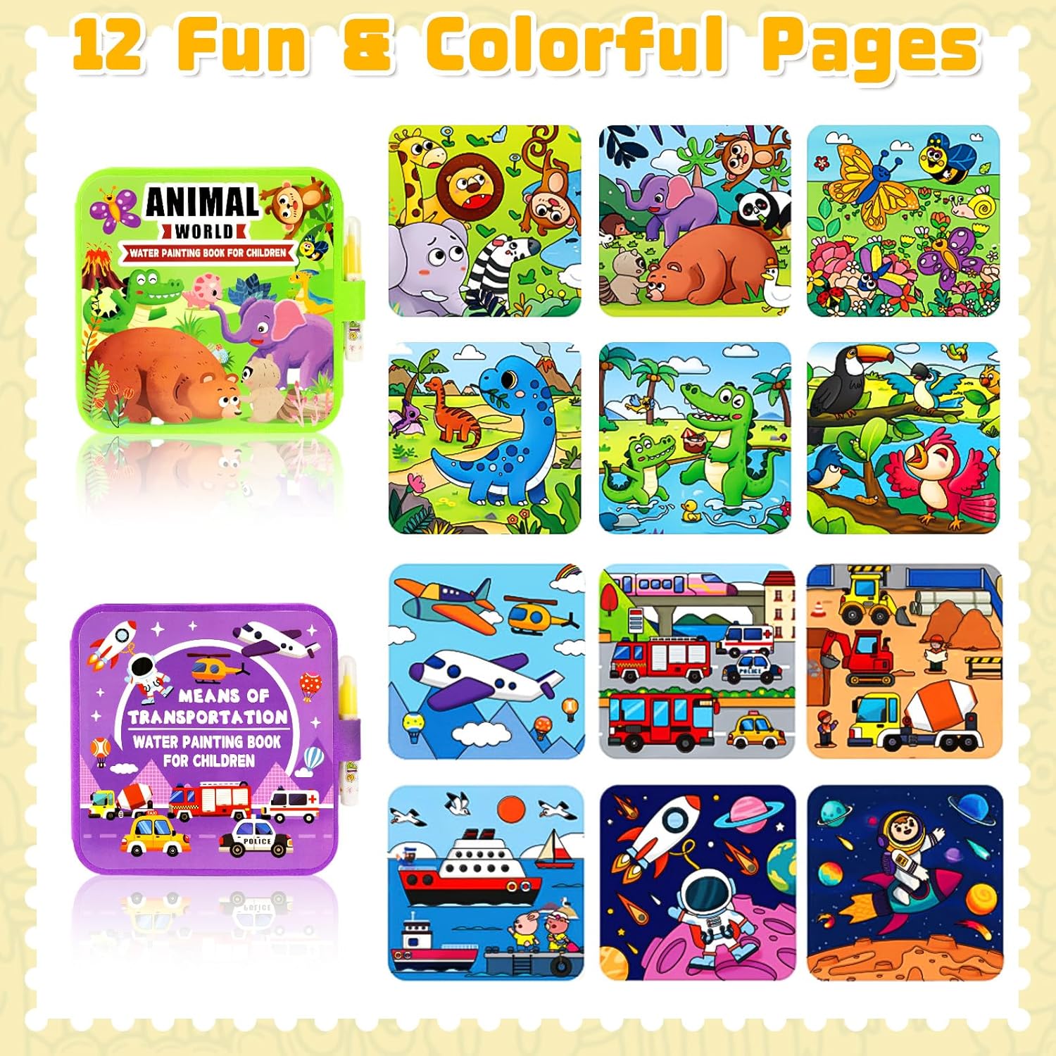 QEF 2 Pack Water Painting Book for Toddlers 1-3, Animal and Transportation Theme Water Coloring Book, Mess Free Reusable Travel Activity with Pen, Birthday Gift for Kids Boys Girls - Image 3