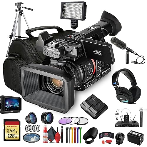 Panasonic AG-CX350 4K UHD Professional Handheld Camcorder with 20x Optical Zoom | 10-Bit HDR V-Log HLG Recording (AG-CX350) w/Padded Case, 128 GB Card, Tripod, Mic, External 4K Monitor and More