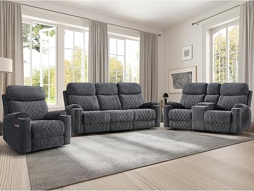 Miniatura 22 de EBELLO Juego de sofá reclinable eléctrico, sillón reclinable eléctrico de tela y sofá de 3 plazas con portavasos, puertos de carga USB Tipo-C y Gris