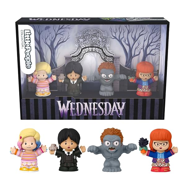 Little People Collector - Mercoledì, set in edizione speciale della serie TV, include Mercoledì Addams, Enid Sinclair, Marilyn Thornhill e Hyde, giocattolo da collezione, 14+ anni, HWX46