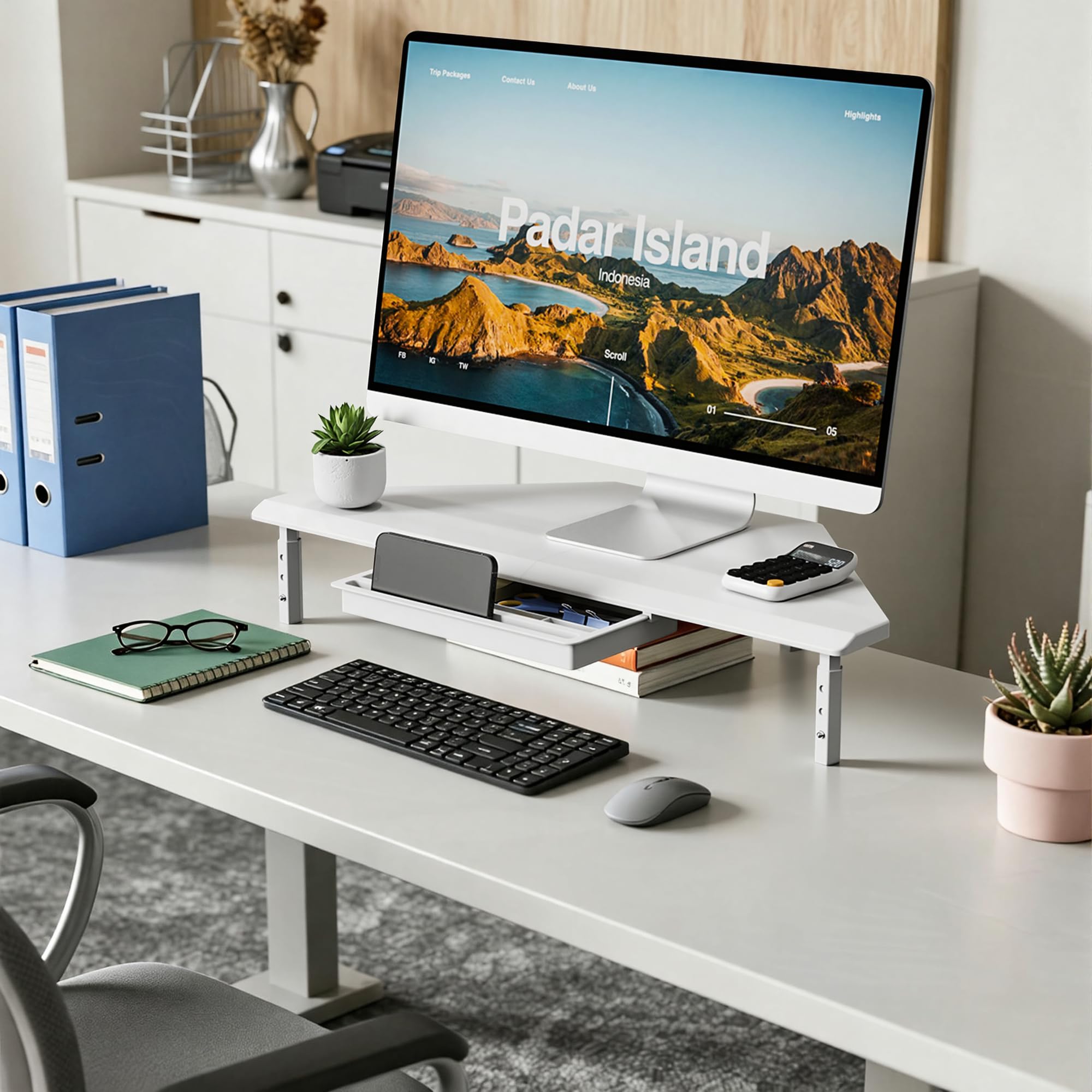 ETHU Supporto triangolare per monitor con cassetto, regolabile in altezza, per PC/laptop, supporto ergonomico per computer desktop, supporta 20 kg, bianco