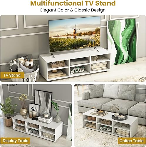 Miniatura 9 de Tangkula Soporte de TV con 6 compartimentos para televisores de hasta 55 pulgadas, centro de entretenimiento de madera blanca con 6 cubos de