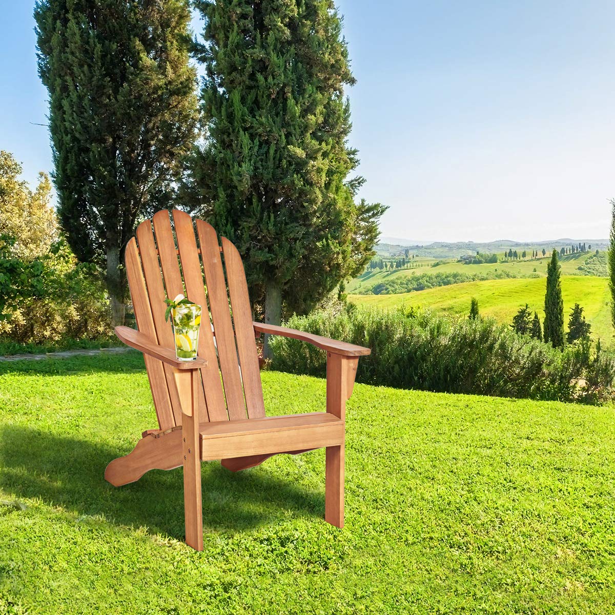 GOPLUS Fauteuil Jardin Exterieur avec Dossier Incurvé, FSC 100%,Fauteuil Adirondack en Bois Massif, Chaise Adirondack, Charge 180 kg, Idéal pour Jardin, Terrasse, Piscine (69x88x103CM,Naturel,1)