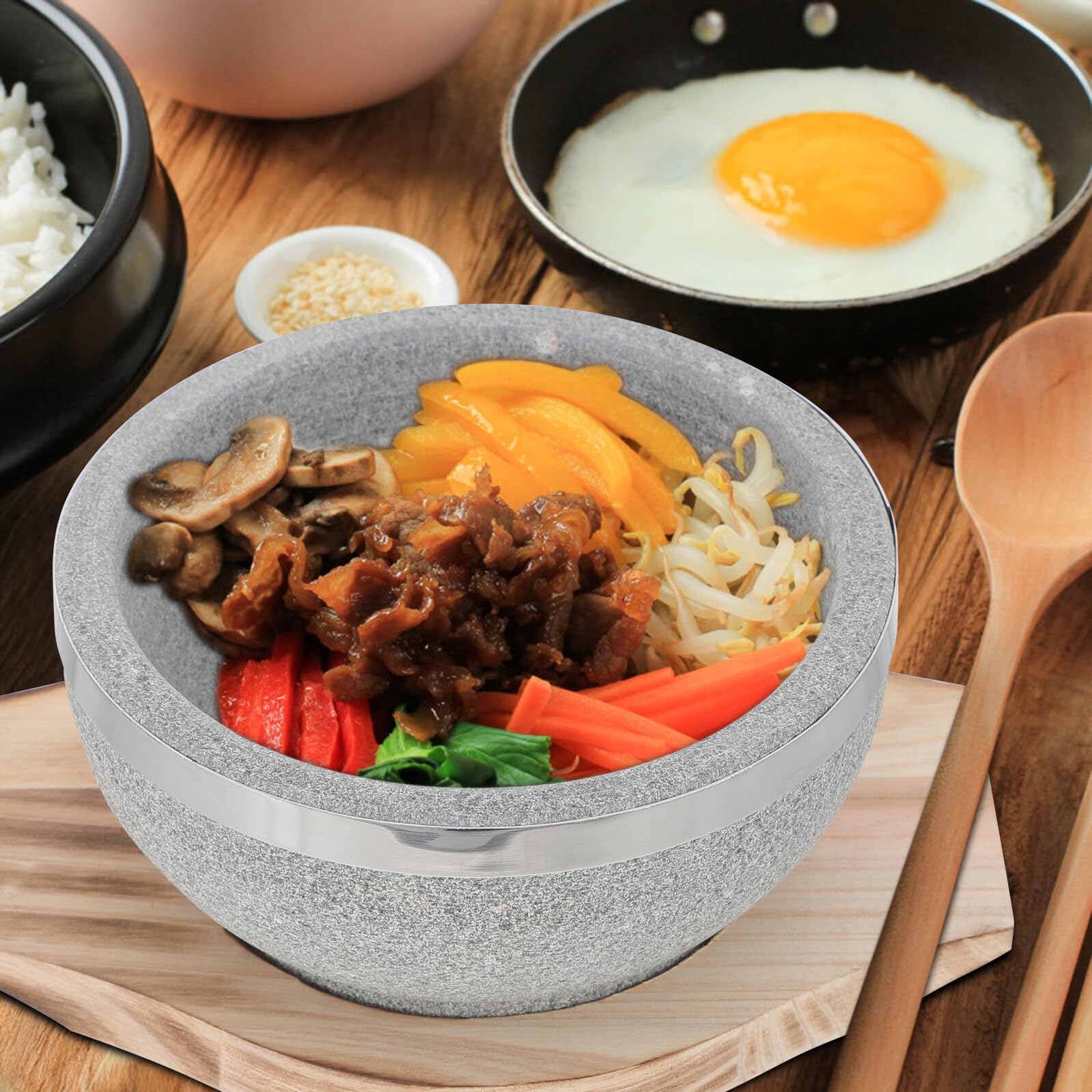 iplusmile Misek Kamiennych Do Bibimbap z Drewnianą Podstawką Idealny Do Gotowania Podawania i Potraw Ciepły Pojemnik Jedzenie Elegancki Wygląd Doskonałe Wykonanie