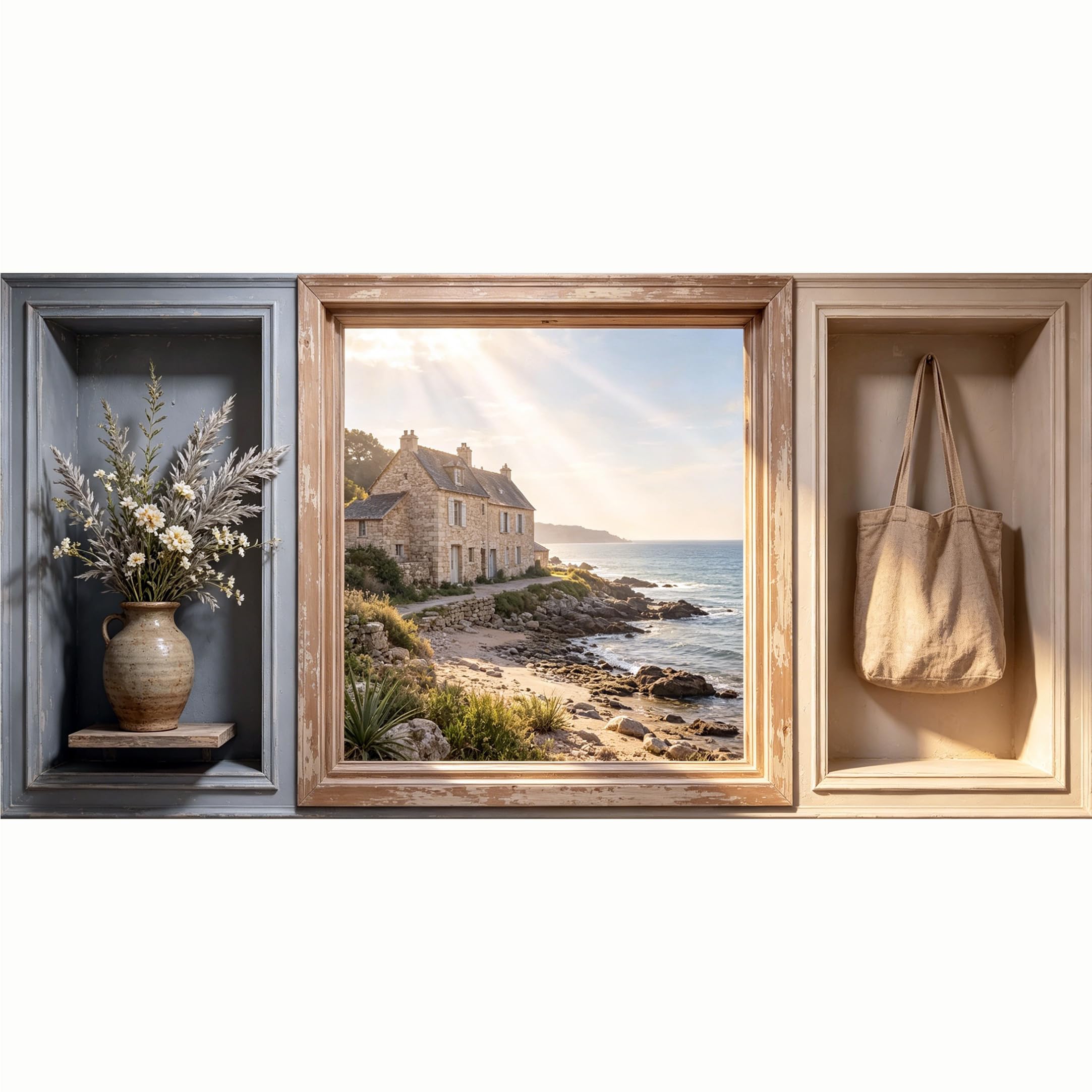 QZLITHOTIC 50x100cm 3D Framed Wall Art， Coastal Stone Cottage Sea View 3D Trompe l'oeil Self‑Adhesive Mural， Water‑Activated Peel & Stick Fabric Decor Wall Decal for Bedroom Living Room