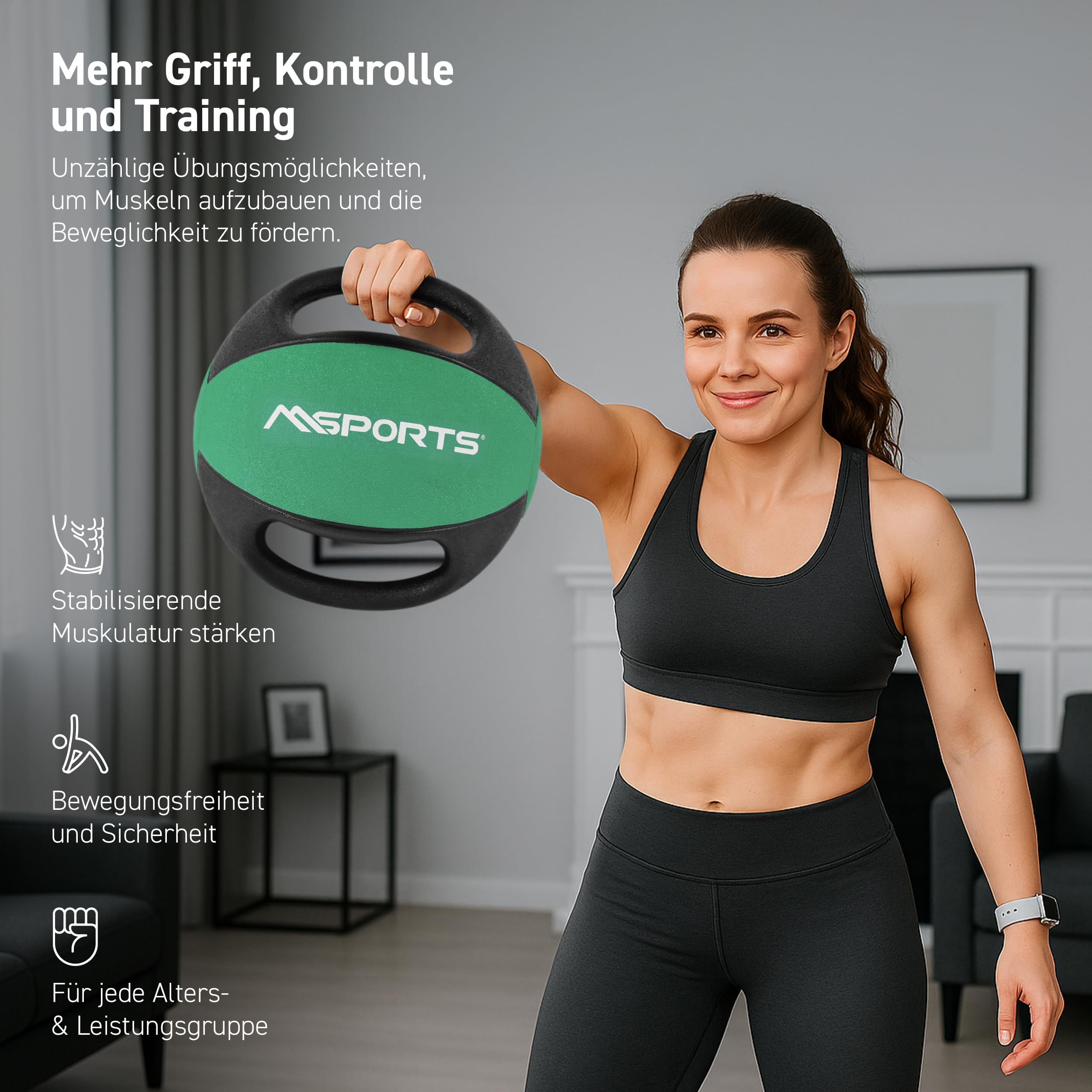 MSPORTS Piłka lekarska premium z uchwytami 1 – 10 kg – profesjonalna jakość do studia fitness piłki (9 kg – szmaragdowa zieleń)