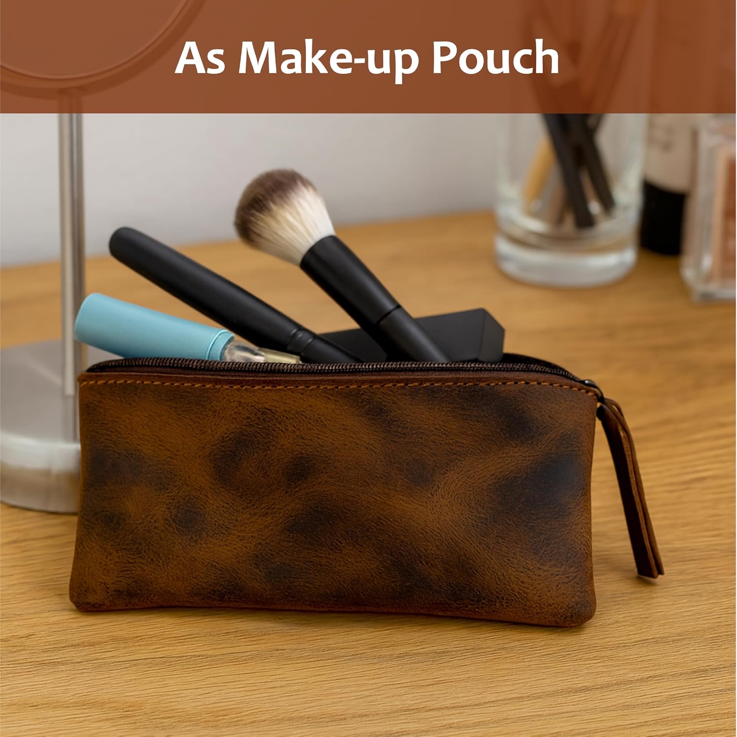 Leather Pencil Pouch, Currency Pouch, Leather Pencil Case, Zippered Pouch Paper Money, Pen Case, Pen & Marker Case, Pencil Case For Artists & Professionals (Brown) - Image 4