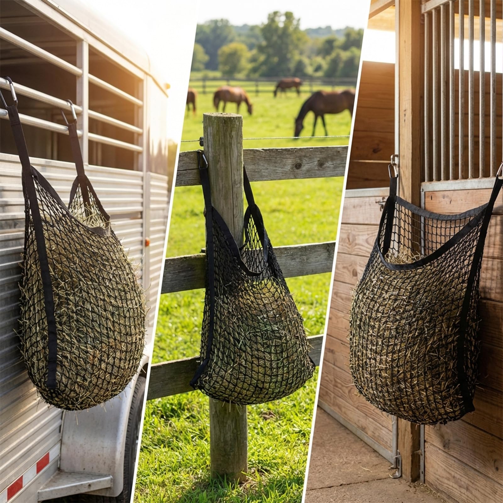 Rete da fieno per cavalli, ca. 15 kg, Heusack per cavalli grande 90 × 120 cm, 4,5 cm, rete da fieno a maglia stretta – Heusack cavallo con 2 robusti moschettoni, Slow Feeder