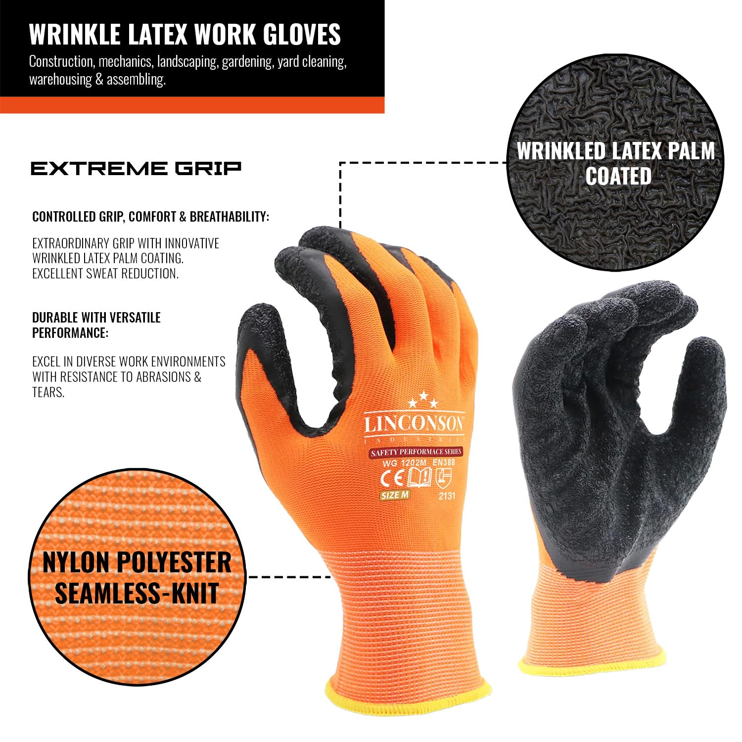 linconson 12 Pack Safety Performance Series Construction Mechanics Wrinkle Latex Work Gloves