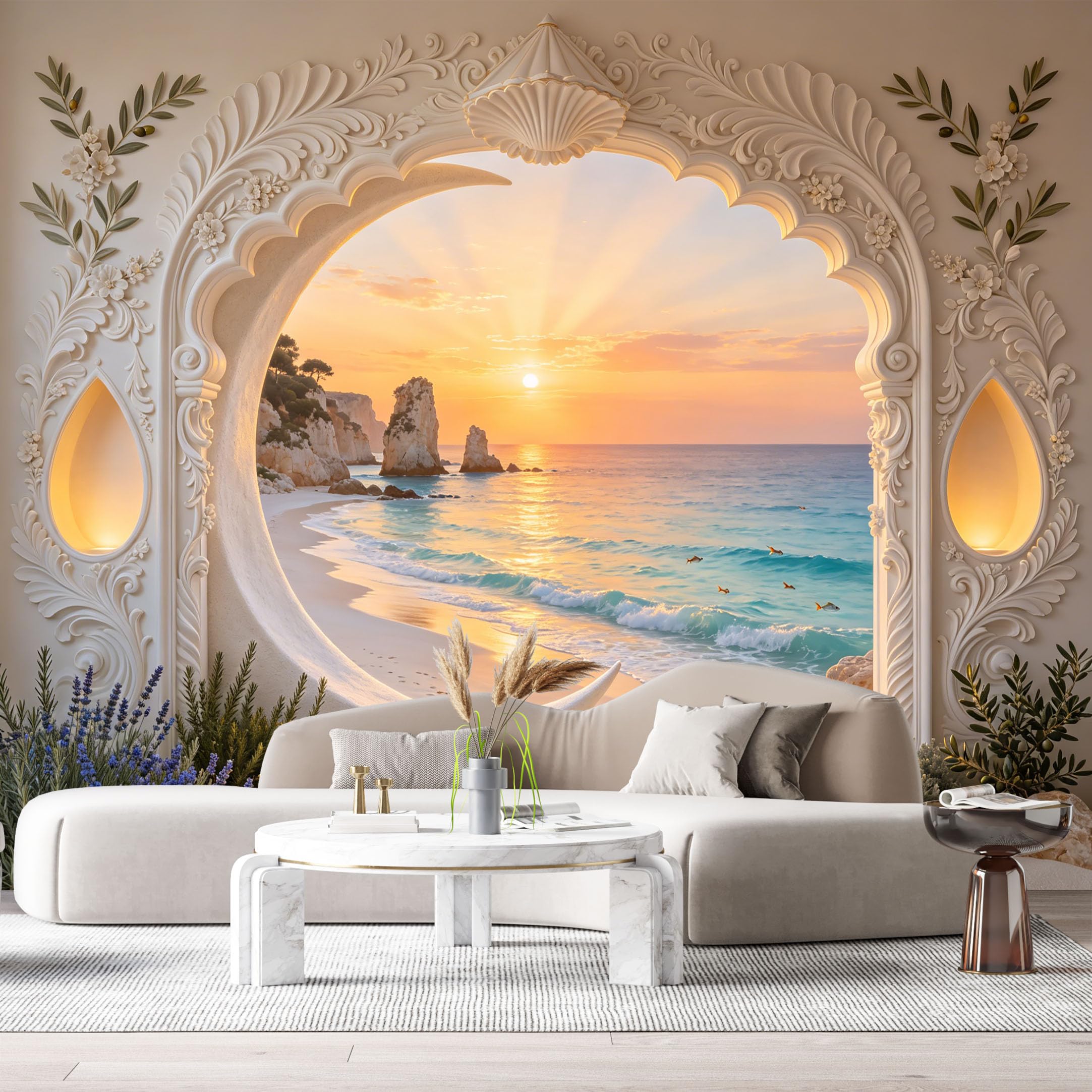 Custom Size Wall Murals Coastal Landscape Neoclassical Sunset Ocean 3D Trompe L'Oeil SelfAdhesiveWall Fabric Removable Wallpaper Wall Decor for Living Room Bedroom Bathroom