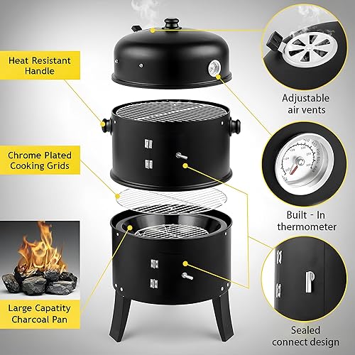 Miniatura 6 de Ahumador de carbón de 16 pulgadas, parrilla 3 en 1 para ahumar carne con termómetro y estantes de cocción duales, ahumador portátil para barbacoa al