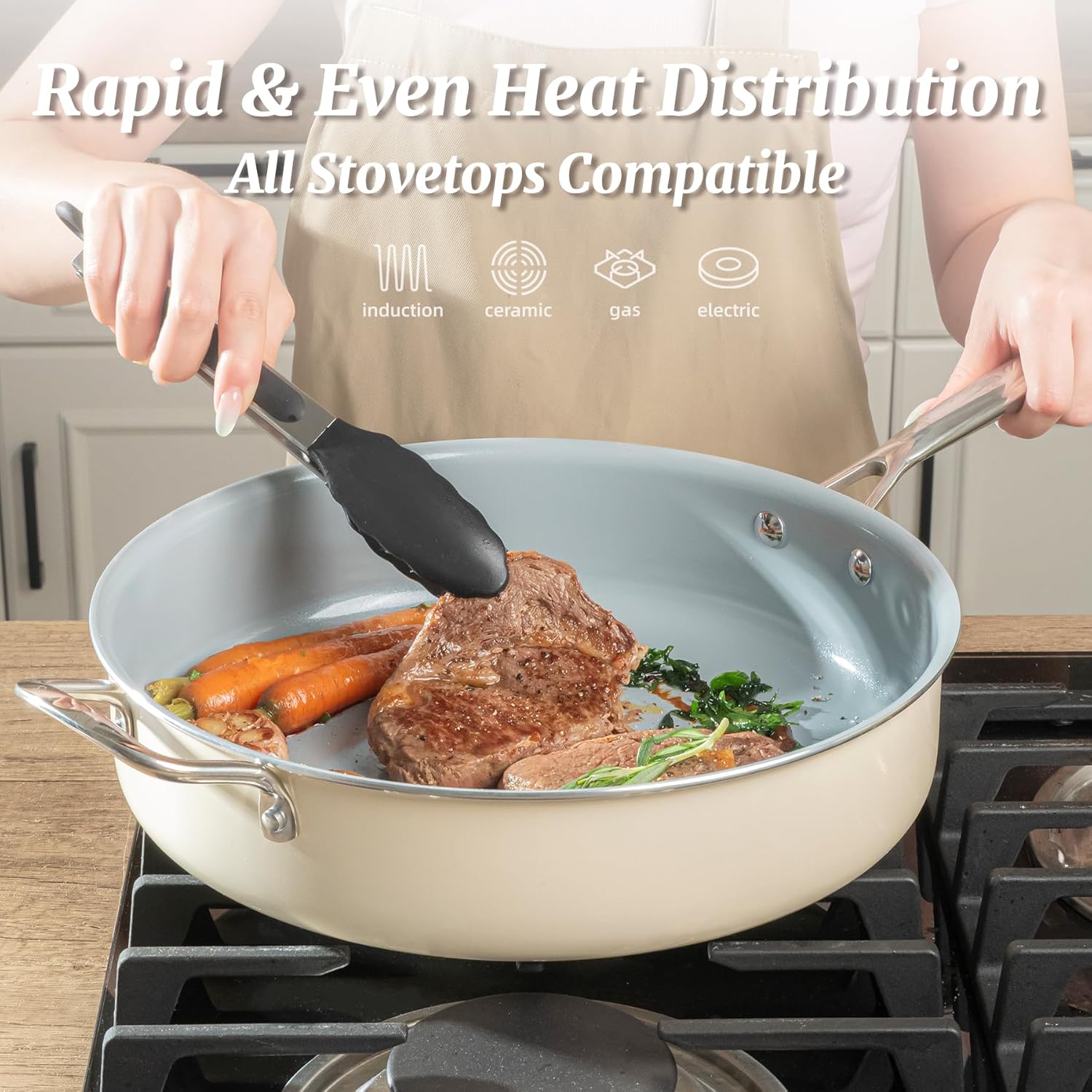 Nonstick Sauté Pan with Lid 5 QT Deep Frying Pan with Stainless Steel Helper Handle 12 inch Large Skillet Ceramic Jumbo Cooker for Healthy Cooking, Induction Compatible Cookware, PFOA Free - Image 4