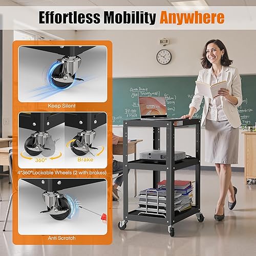 Miniatura 5 de Carrito utilitario de metal de 3 estantes, carrito de computadora duradero con ruedas con tira de alimentación, soporte de presentación AV ajustable