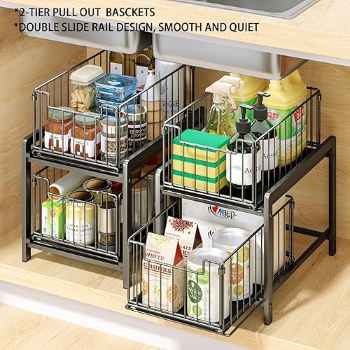 Miniatura 2 de Organizador de 2 lazos para debajo del fregadero con cajón de almacenamiento deslizante, estante organizador de armarios extraíbles, cesta de