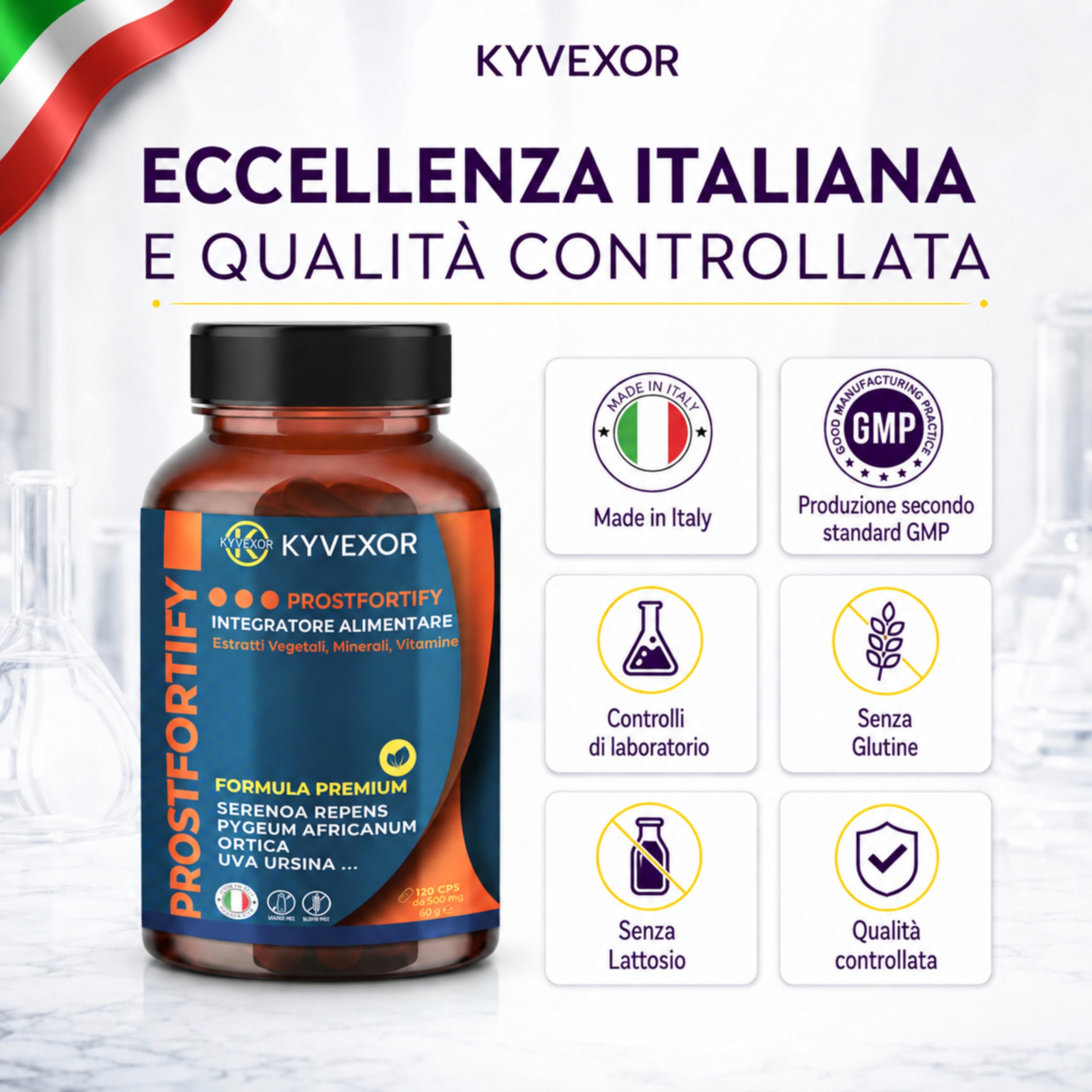 KYVEXOR ProstFortify Integratore Prostata Uomo 10 in 1 | Serenoa Repens/Saw Palmetto, Pygeum Africanum, Curcuma, Zinco, Vitamina C, D3 | Prostate Support, Benessere Prostatico e Vie Urinarie.
