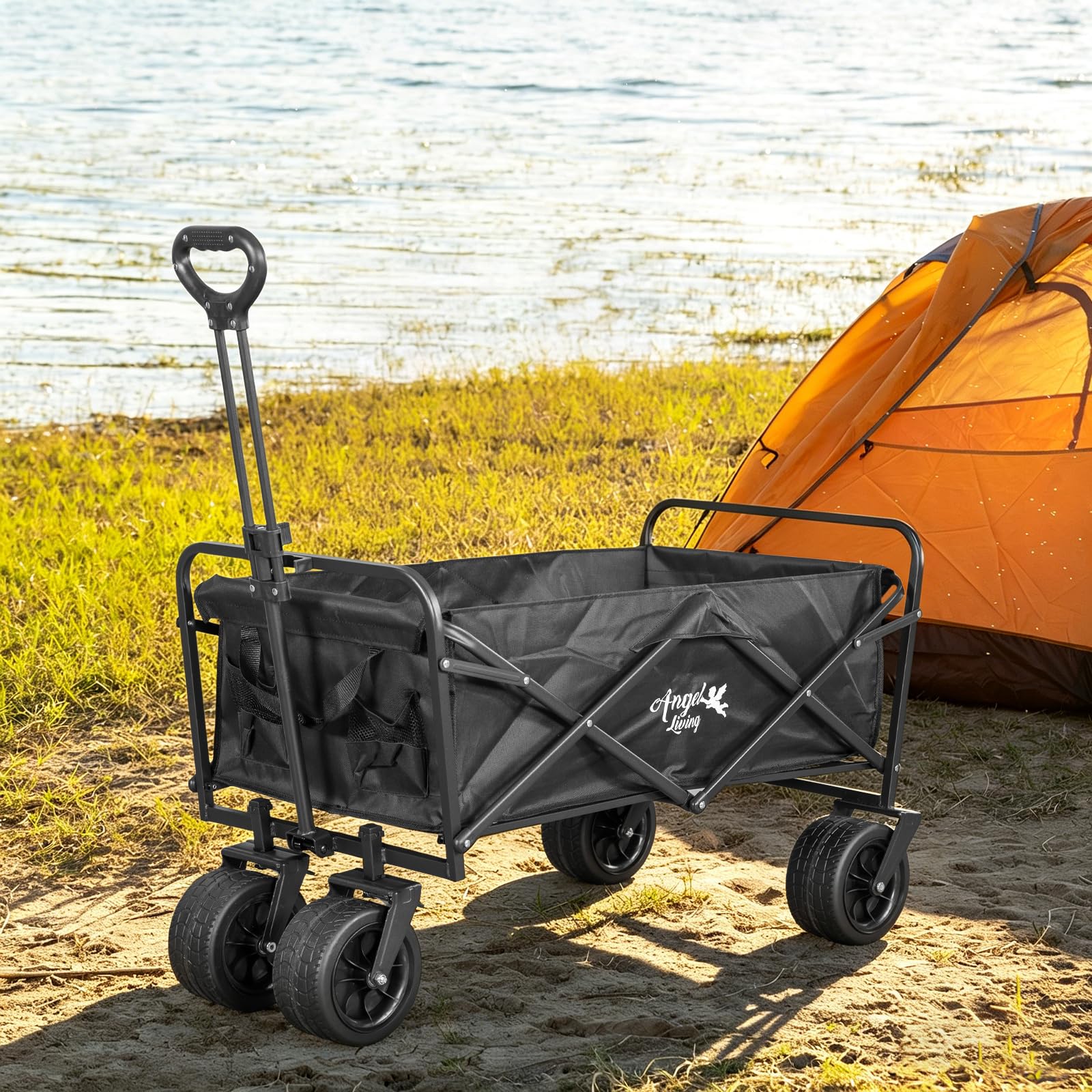 Angel Living Carro Playa Plegable con Frenos 300L 150 KG, Carrito Plegable con Ruedas Extra Grandes 7 * 4 Pulgadas para Todo Terrenos, Carro de Transporte para Jardín, Camping y Compras