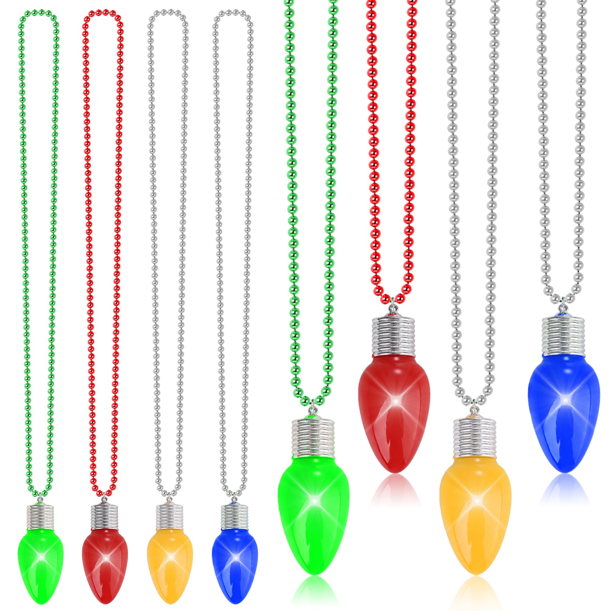 EOBOH 24pcs Christmas Necklace Bulk, Light up Christmas Bead Necklace with Bulb Pendant, Green Yellow Red Blue Bead Necklaces Accessories Bulk, Xmas