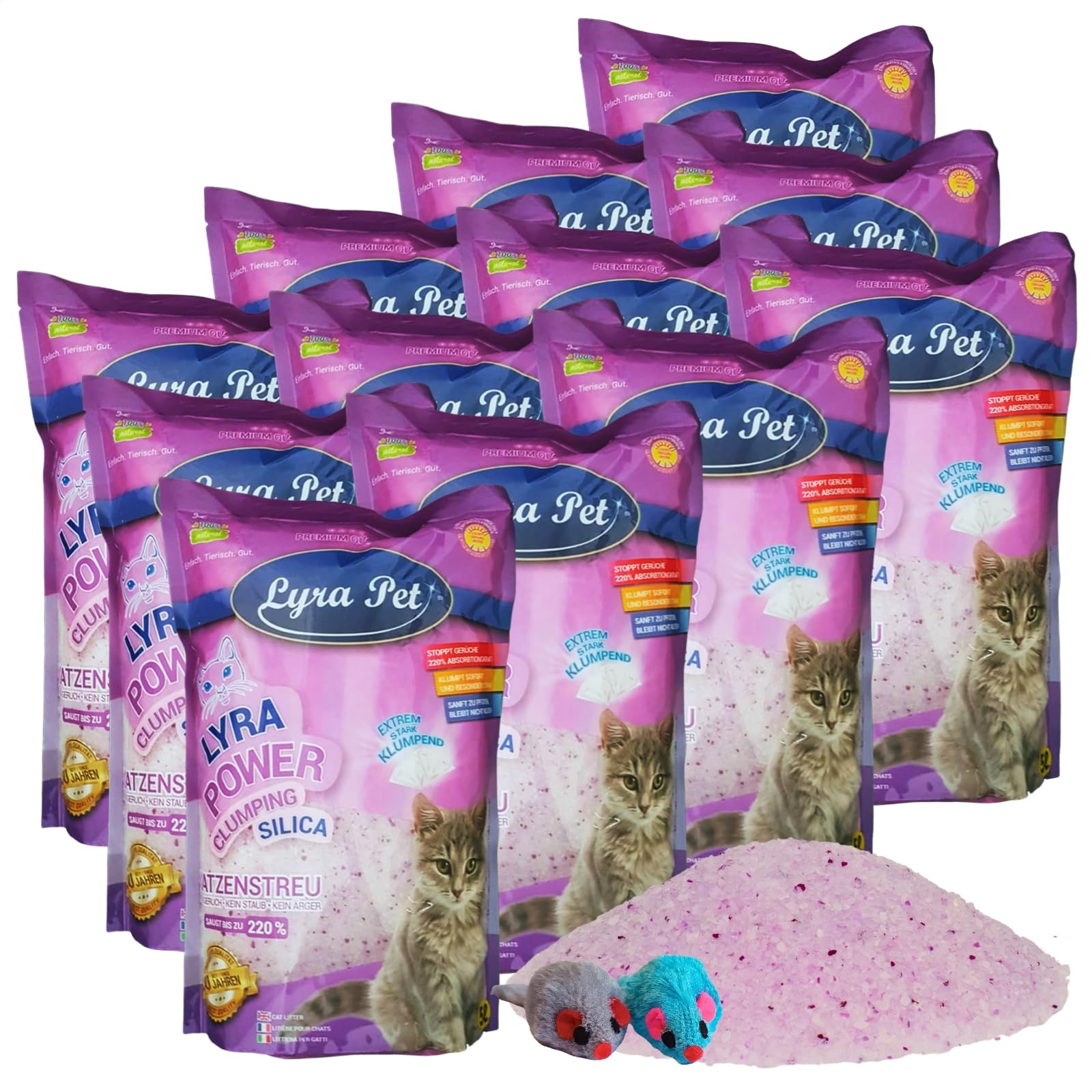 Lyra Pet® 12 x 5 L = 60L Lyra Power Silikat klumpend Katzenstreu + 2 Mäuse | Clumping Silica - Stark Klumpende Katzenstreu - Neutralisiert den Geruch - Staubfrei - Nachfüllen statt Neufüllen