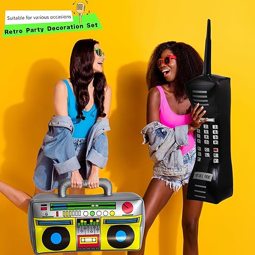 Miniatura 4 de 15 decoraciones inflables de los años 80 y 90, incluye radio inflable, Boombox, teléfono celular, micrófono, gafas, cadena de globos de lámina