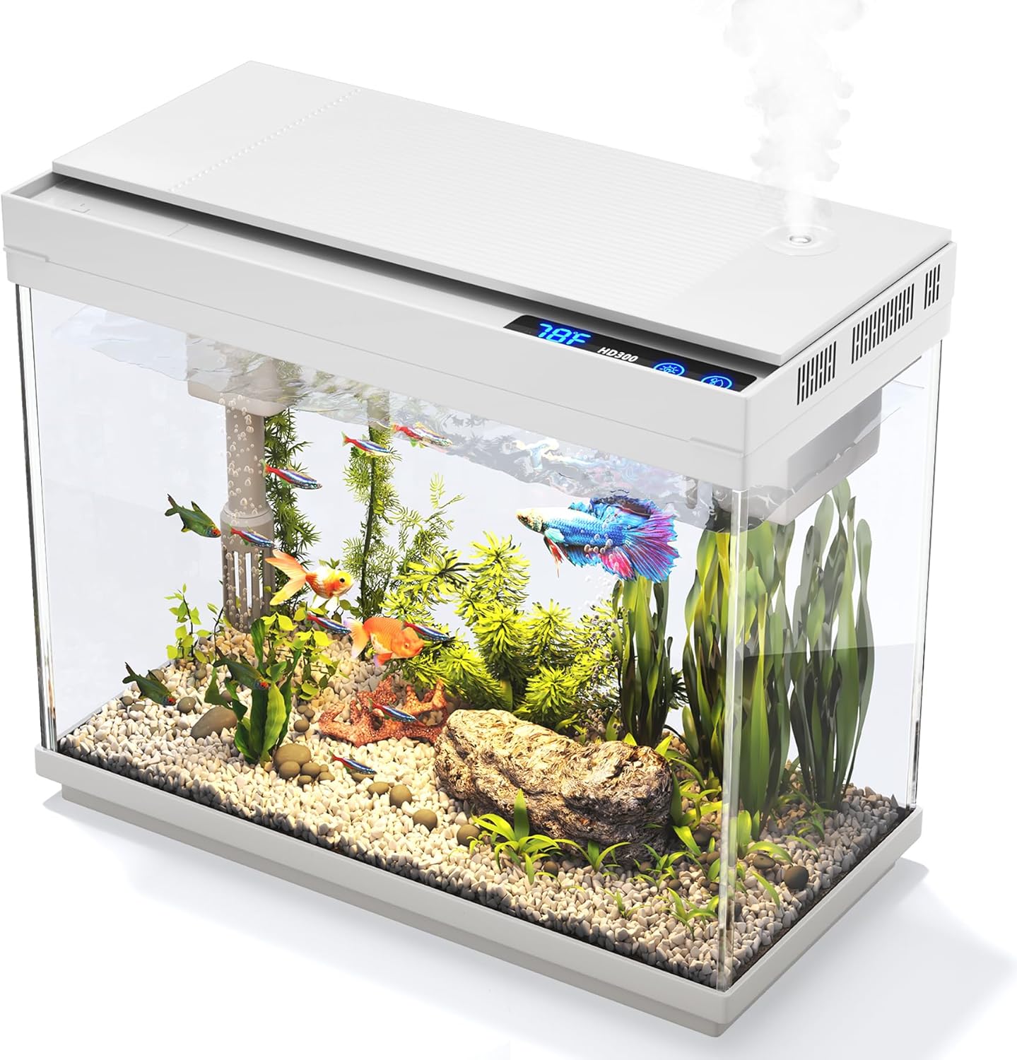 fish tank 2.4 gallon aquarium kit with humidifier 7-color auto-looping 3 in 1 quiet pump with filteration & oxygenation & circulation, temperature display, hd glass 2.4 gallon white