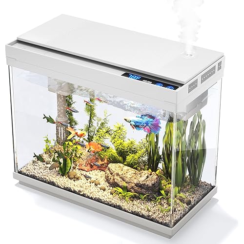 Fish Tank 2.4 Gallon Aquarium Kit with Humidifier 7-Color Auto-Looping 3 in 1 Quiet Pump with Filteration & Oxygenation & Circulation, Temperature Display, HD Glass