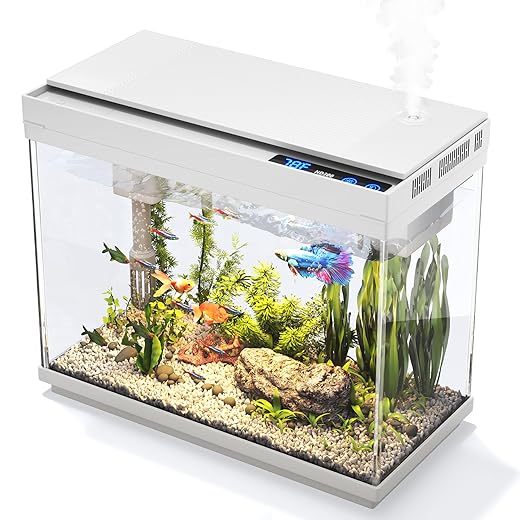Fish Tank 2.4 Gallon Aquarium Kit with Humidifier 7-Color Auto-Looping 3 in 1 Quiet Pump with Filteration & Oxygenation & Circulation, Temperature Display, HD Glass