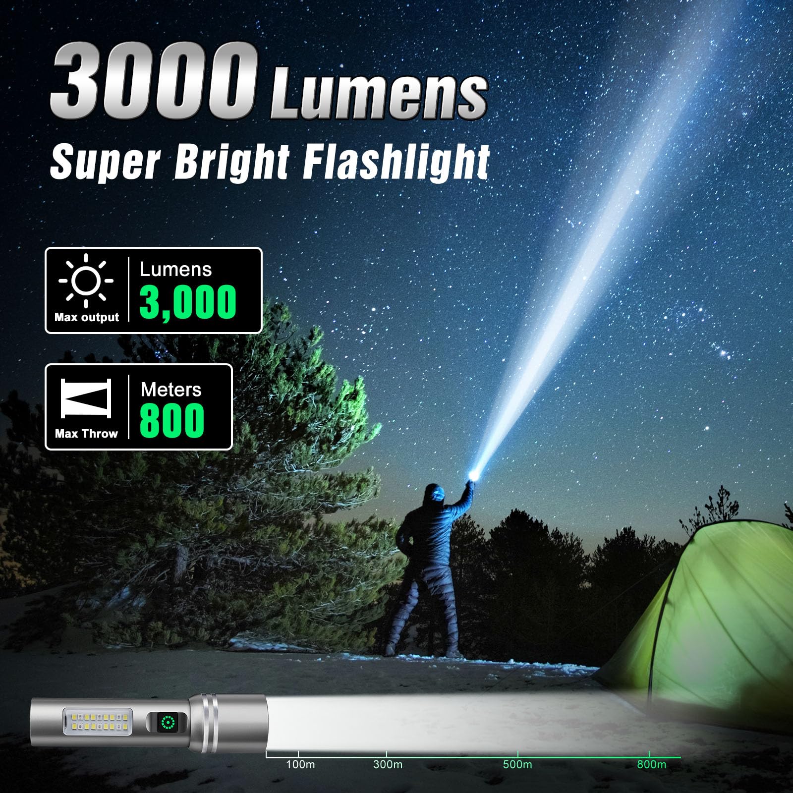 Linterna de alta luminosidad recargable, 3000 lúmenes, súper brillante, linternas LED con 6 modos de luz, IPX6 impermeable, potente luz de flash de mano para camping y emergencias en el hogar