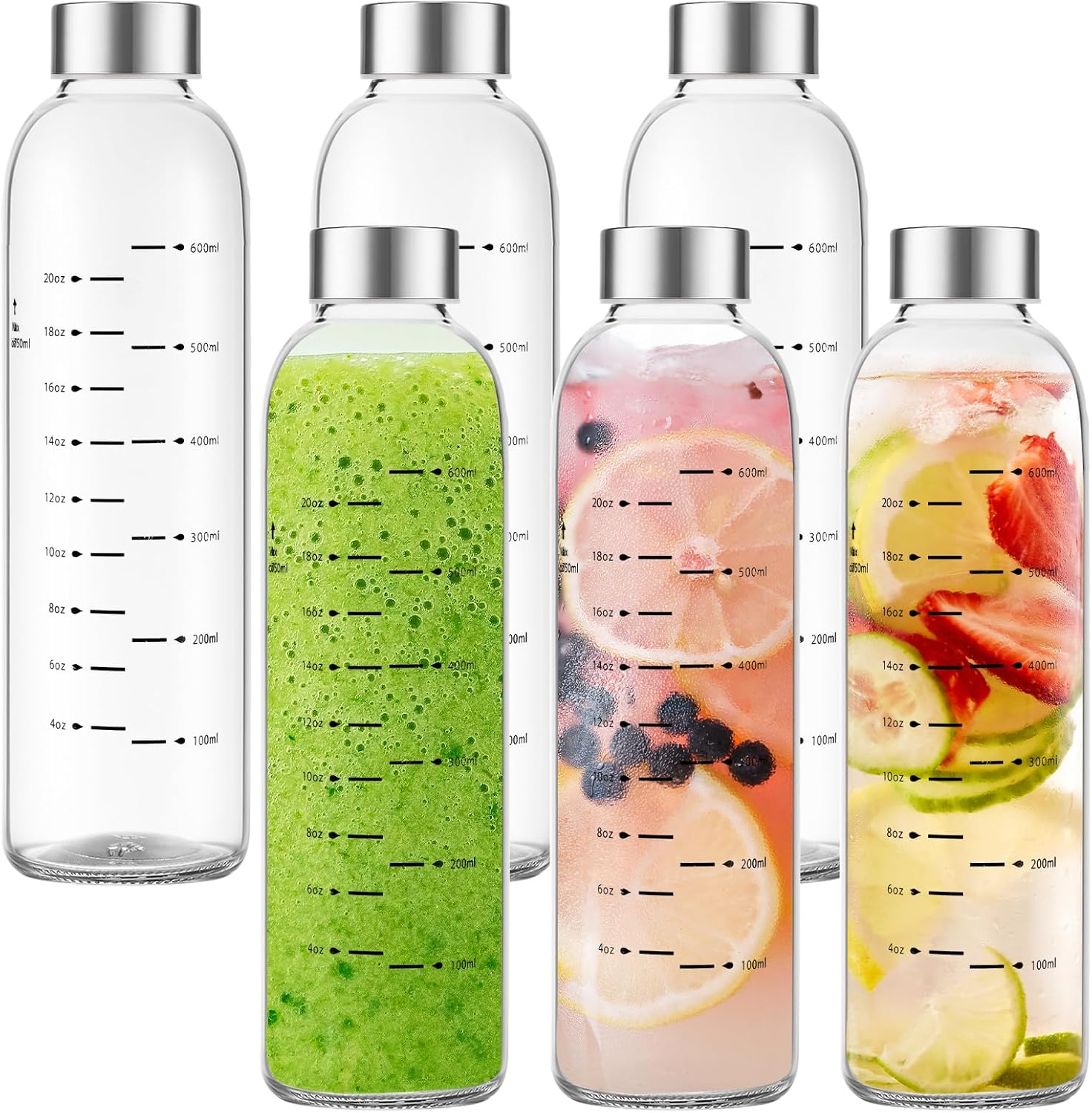 Glass Water Bottles with Lids 25 oz, Clear Glass Juice Bottles With Stainless Steel Cap, Reusable Drinking Bottle for Juicing, Refrigerator,100% Leak Proof, BPA Free, Set of 6