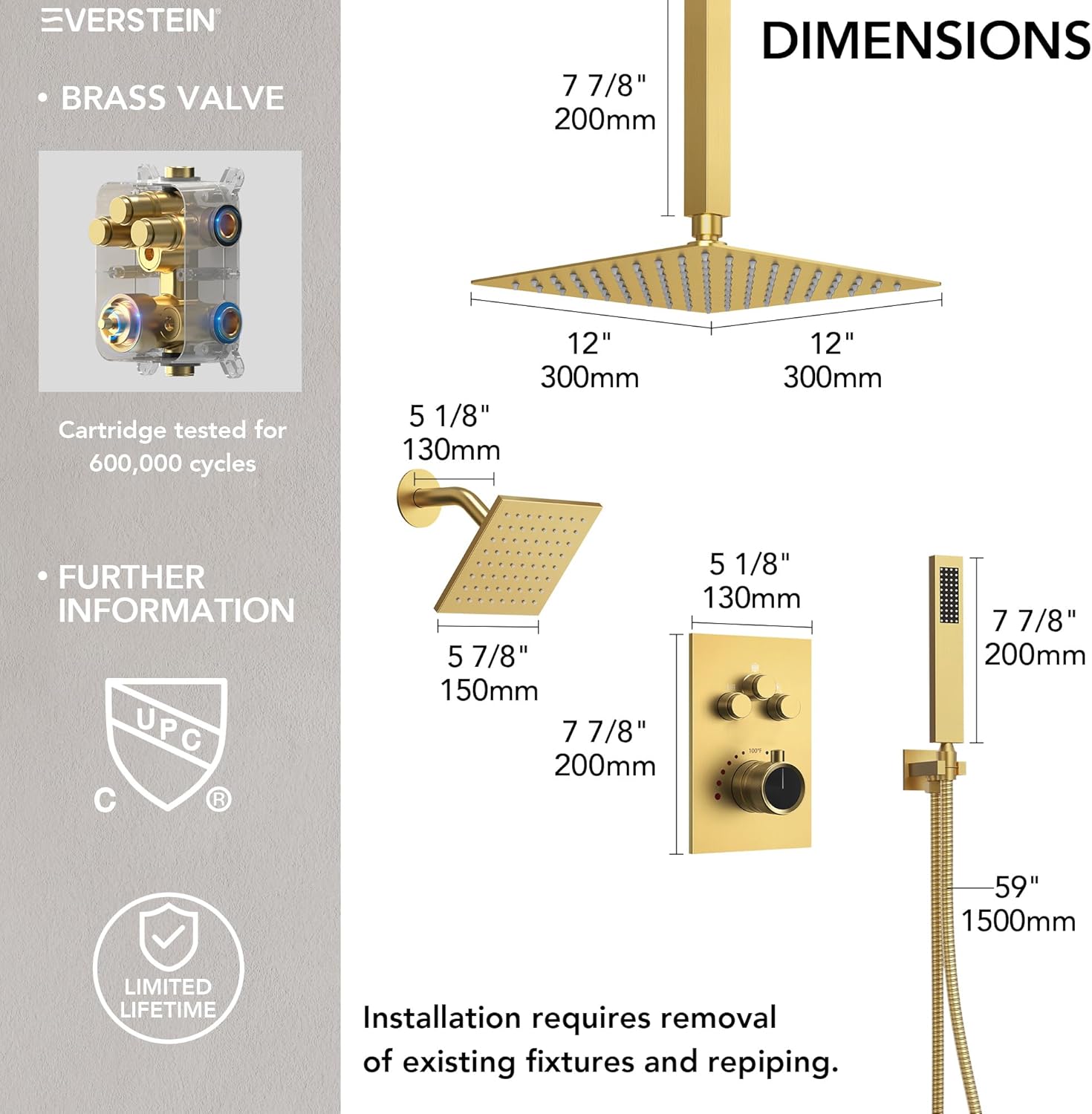 Ceiling Mount 12" High-Pressure Rainfall Shower Faucet, Dual Rainfall Shower Head System with Valve (Brushed Gold)