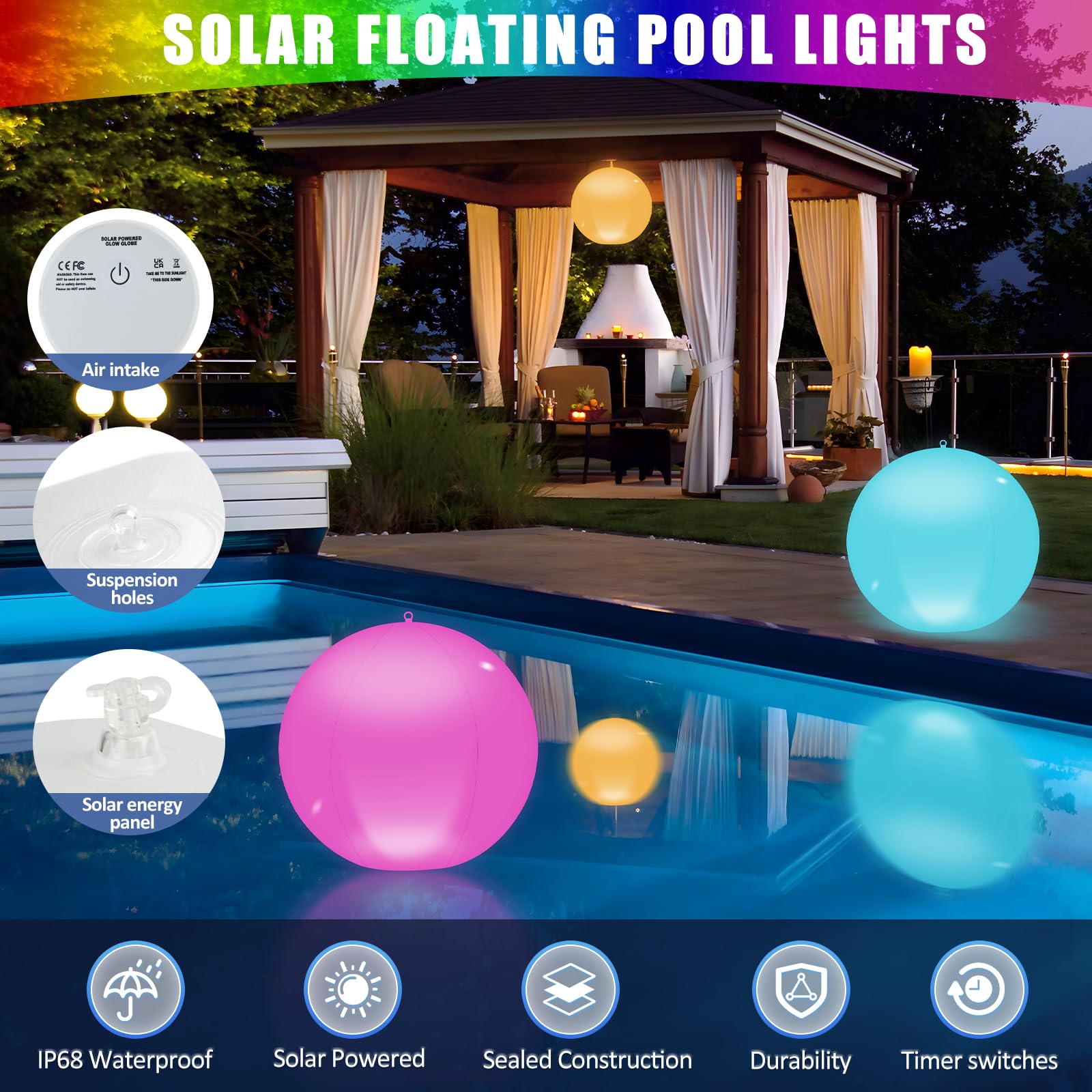 Solari Luci Galleggianti Piscina, 2Pz Solare Lampada Galleggianti Piscina con Telecomando,13.4In 16 RGB Solari Lampada Palle Luminose da Giardino Solari, IP68 Palle Luminose per Piscina Esterno