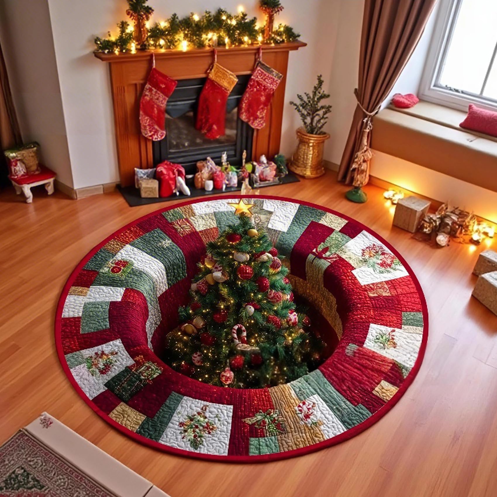 Juxdzishw A ,160*160,Christmas Decorations 3D Rug, Xmas Optical Illusion Rugs,Sant Claus Quilted Round Mat,Exquisite Non-Slip Rugs With Depth Pattern For Holiday Entryway Living Room Bedroom Christmas Decor